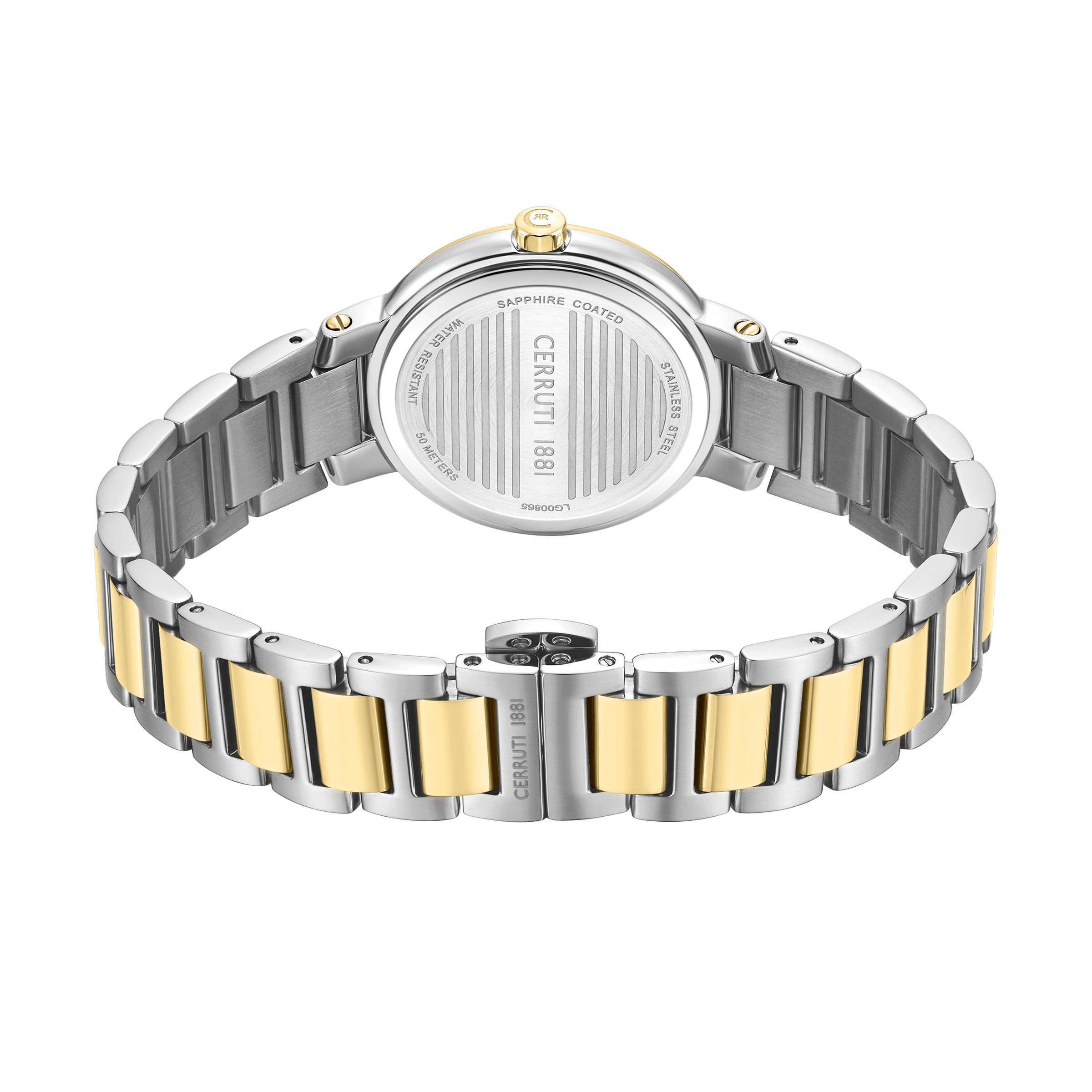 Back view of a silver-toned watch with a gold-toned crown and a two-tone metal bracelet with silver-toned outer links and gol