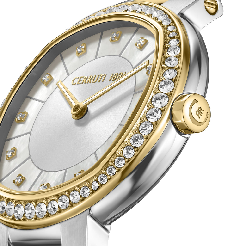Oval watch with silver-toned case, gold-toned crystal-embellished bezel, white mother-of-pearl dial, gold-toned hands and cry