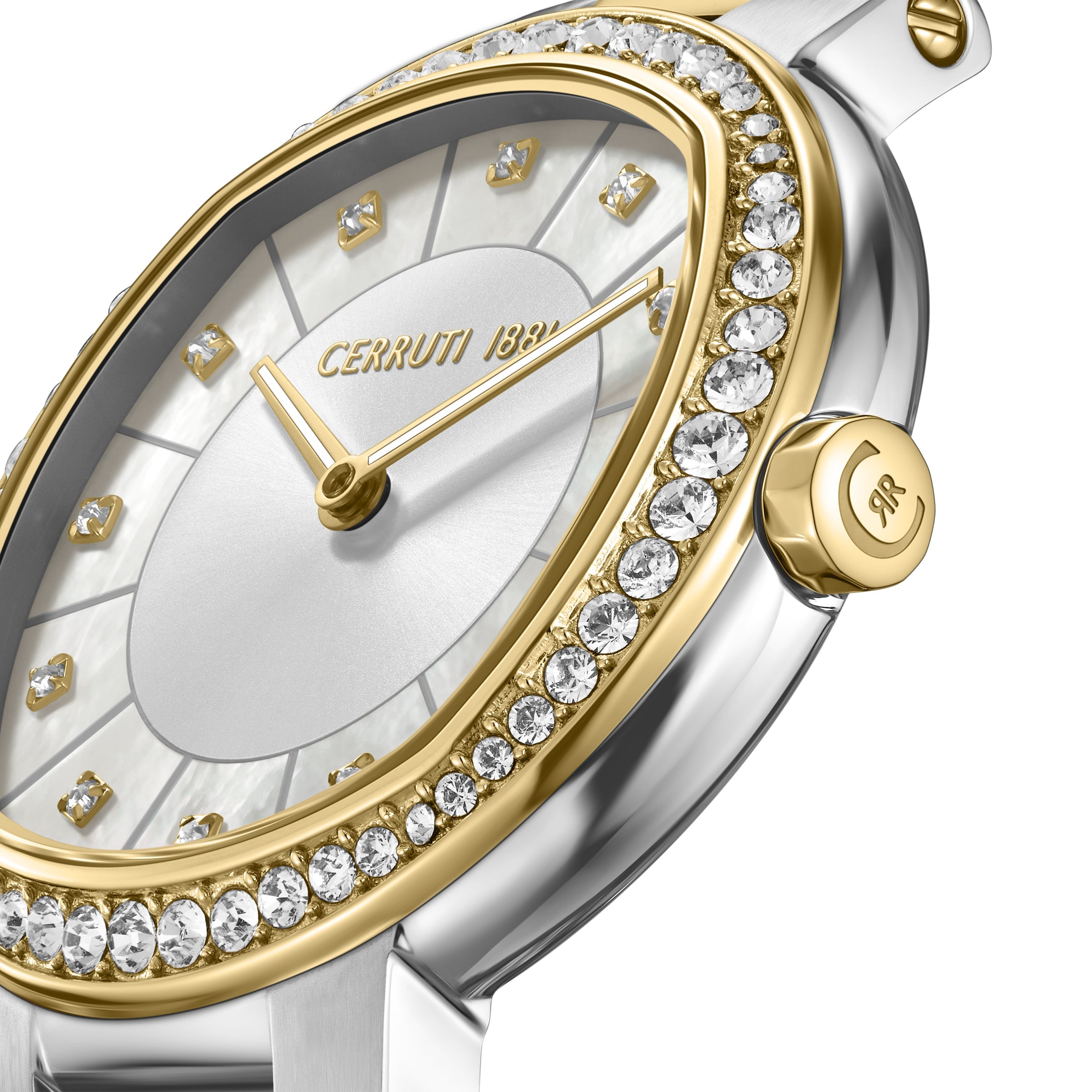 Oval watch with silver-toned case, gold-toned crystal-embellished bezel, white mother-of-pearl dial, gold-toned hands and cry