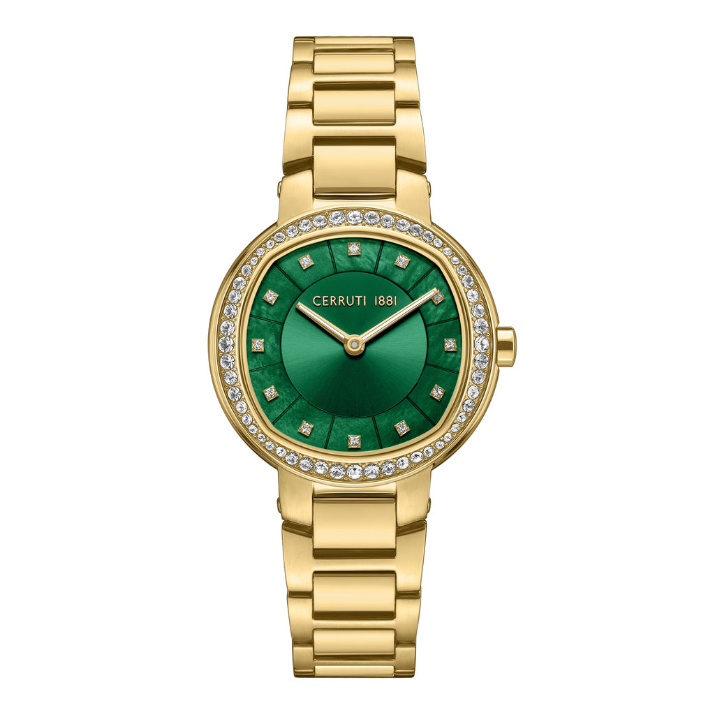 Gold-toned women's watch with a round case, green textured dial, and a bezel embellished with clear stones.