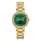 Gold-toned women's watch with a round case, green textured dial, and a bezel embellished with clear stones.