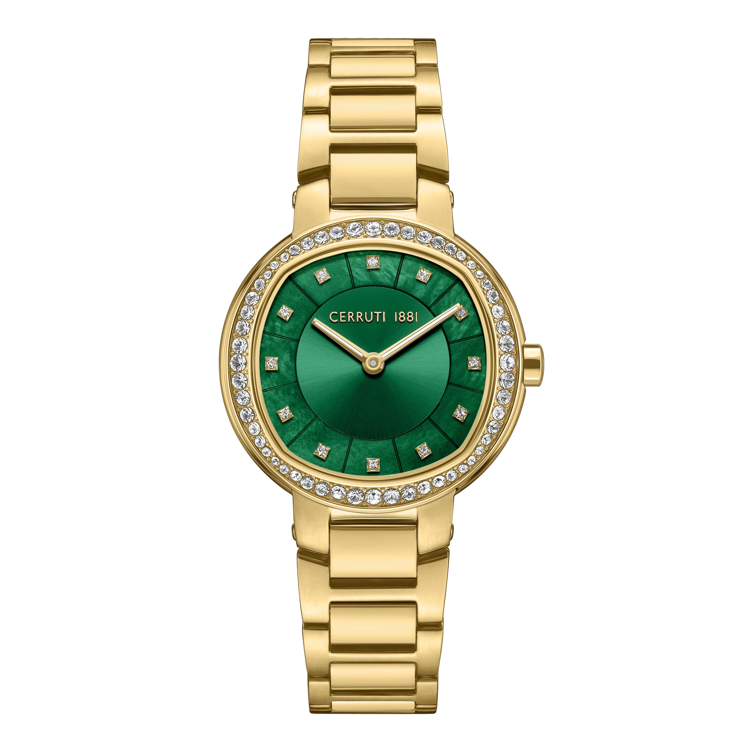 Gold-toned women's watch with a round case, green textured dial, and a bezel embellished with clear stones.