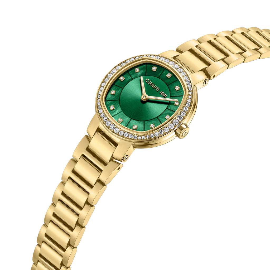 Gold-toned watch with a link bracelet, crystal-encrusted bezel, and a green mother-of-pearl dial with crystal hour markers.