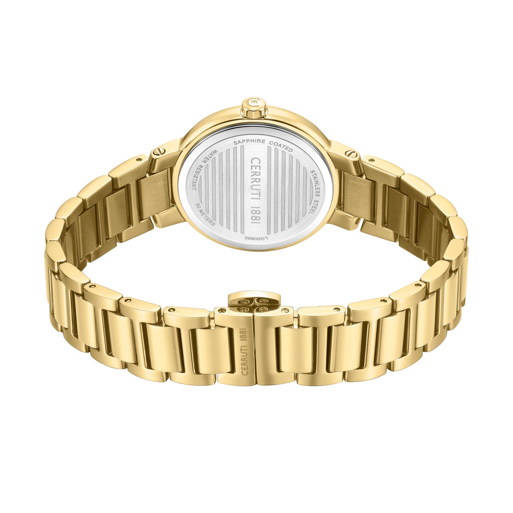Gold-toned wristwatch with a metal link bracelet. The round case back is silver-toned with "CERRUTI 1881" engraved.