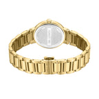 Gold-toned wristwatch with a metal link bracelet. The round case back is silver-toned with "CERRUTI 1881" engraved.