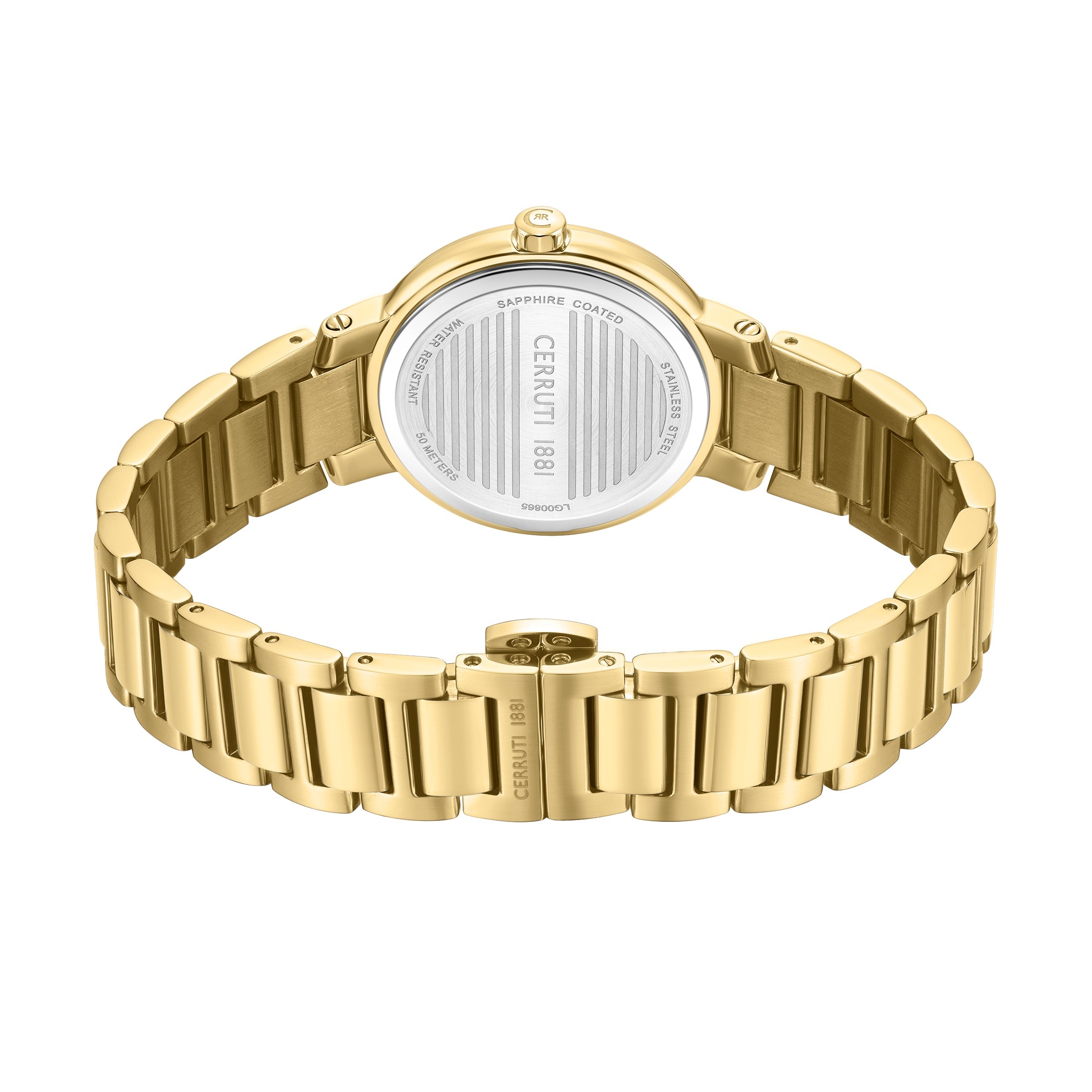Gold-toned wristwatch with a metal link bracelet. The round case back is silver-toned with "CERRUTI 1881" engraved.