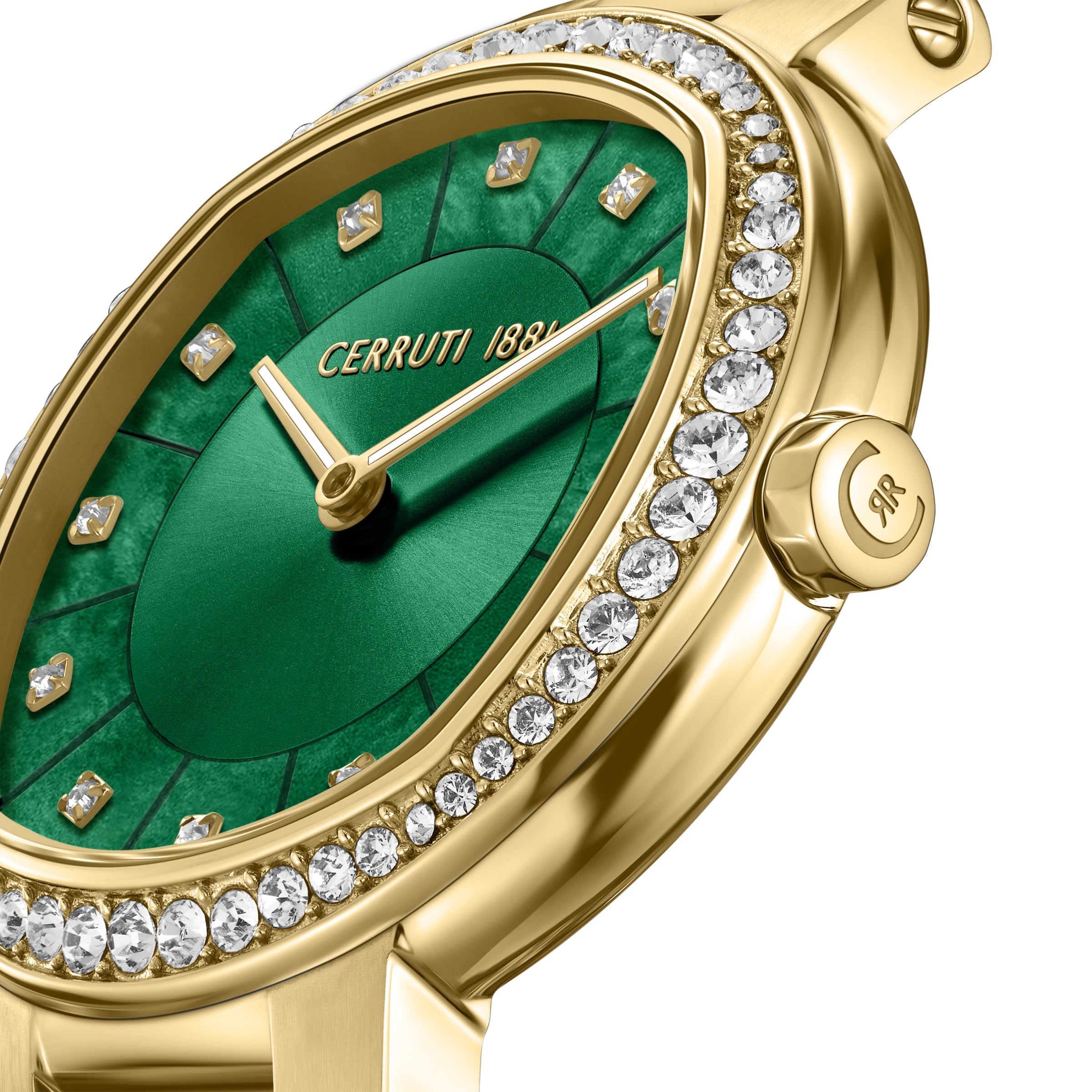 Gold-toned oval watch with crystal-encrusted bezel, green textured dial, gold-toned hands, and crystal hour markers.