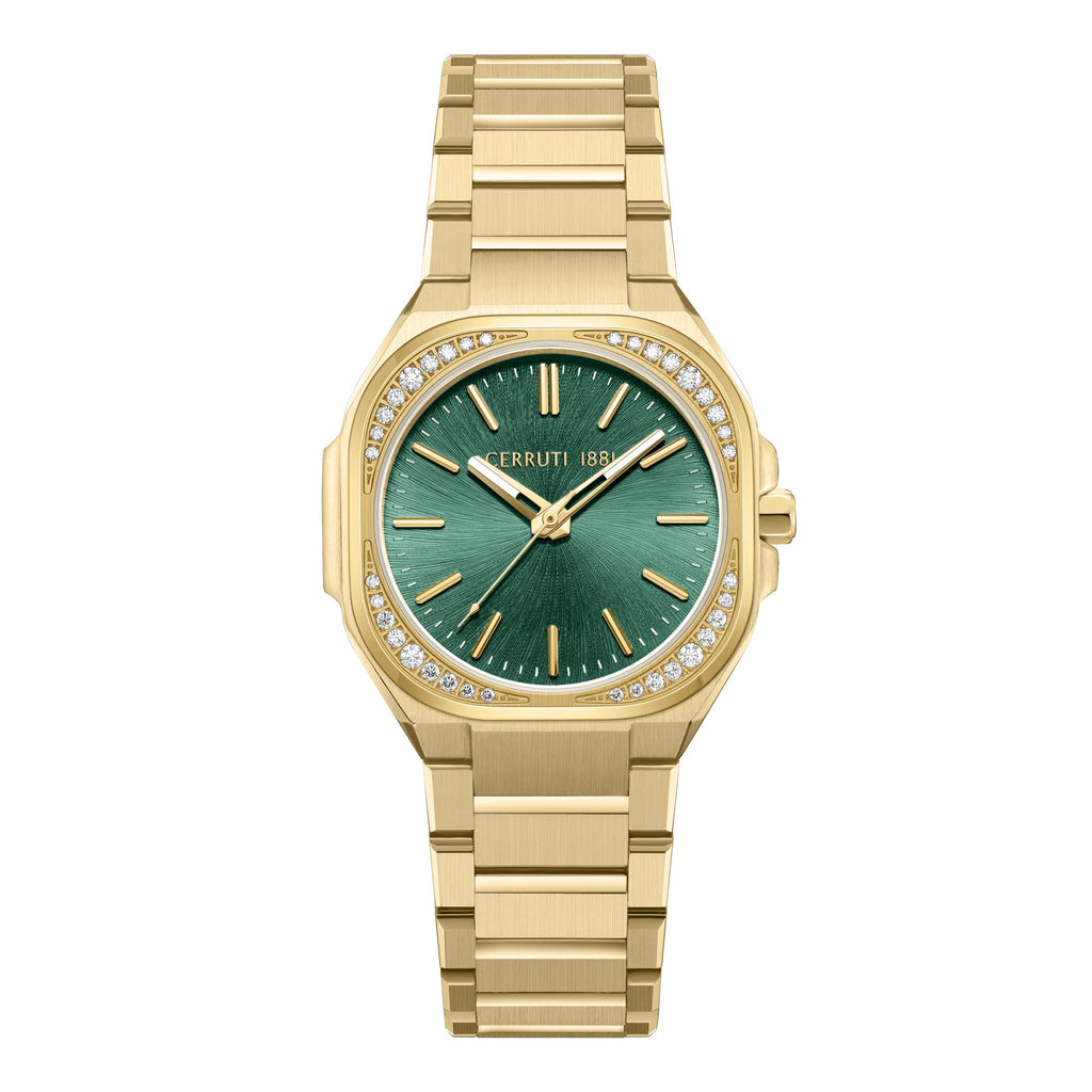Gold-toned Cerruti women's watch with a tonneau case, multi-link bracelet, and green sunray dial with crystal bezel.