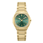 Gold-toned Cerruti women's watch with a tonneau case, multi-link bracelet, and green sunray dial with crystal bezel.
