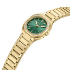 Gold-toned watch with an octagonal case, clear stones on the bezel, a green sunburst dial, and a gold-toned link bracelet.