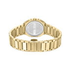 Gold-toned watch with an octagonal case and a brushed metal link bracelet. The case back is silver-toned with engraved text.