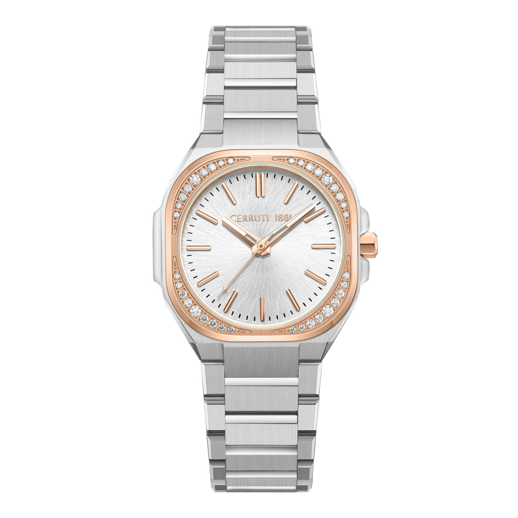 Silver-toned Cerruti women's watch with a cushion-shaped case, rose gold-toned stone-set bezel, and silver sunray dial.
