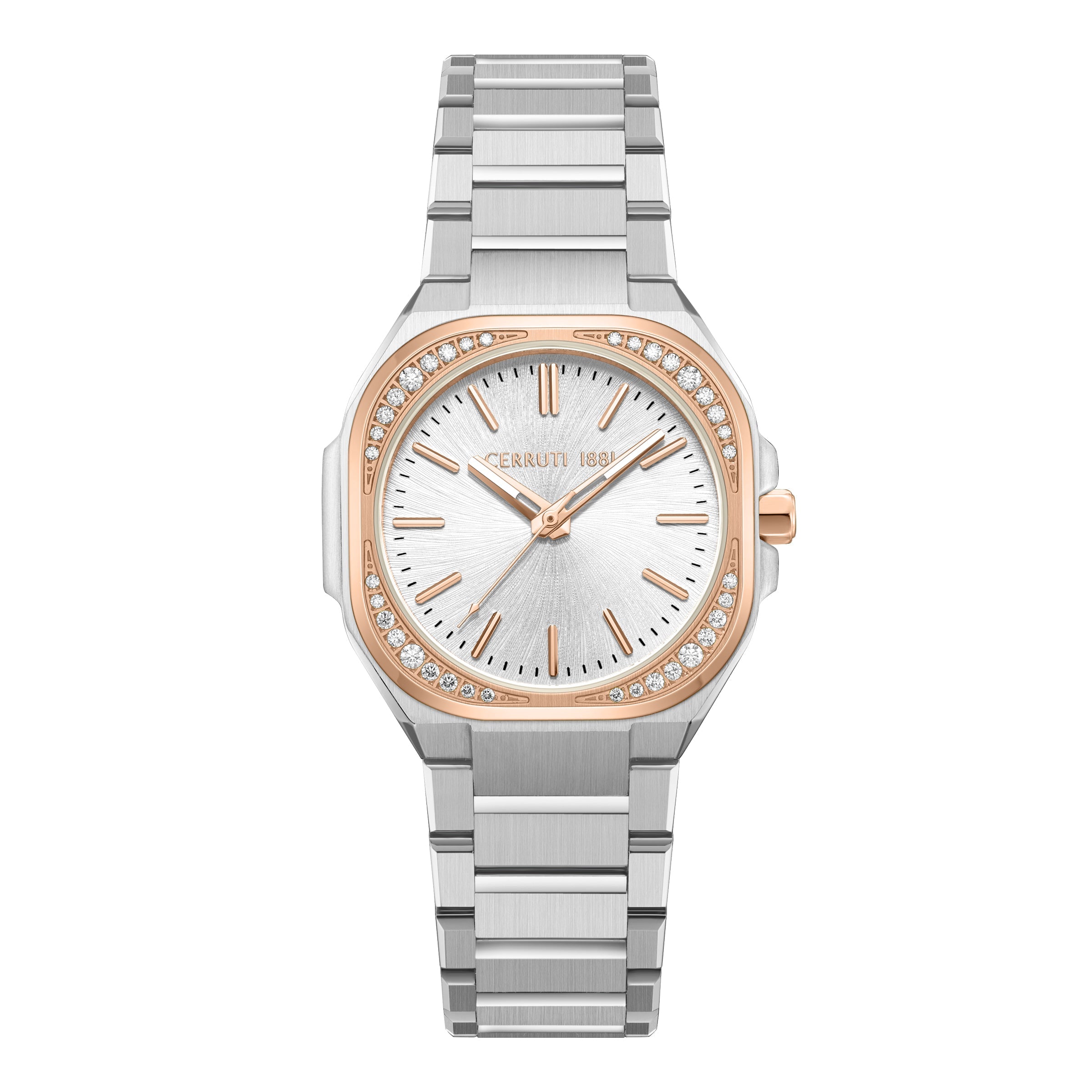 Silver-toned Cerruti women's watch with a cushion-shaped case, rose gold-toned stone-set bezel, and silver sunray dial.