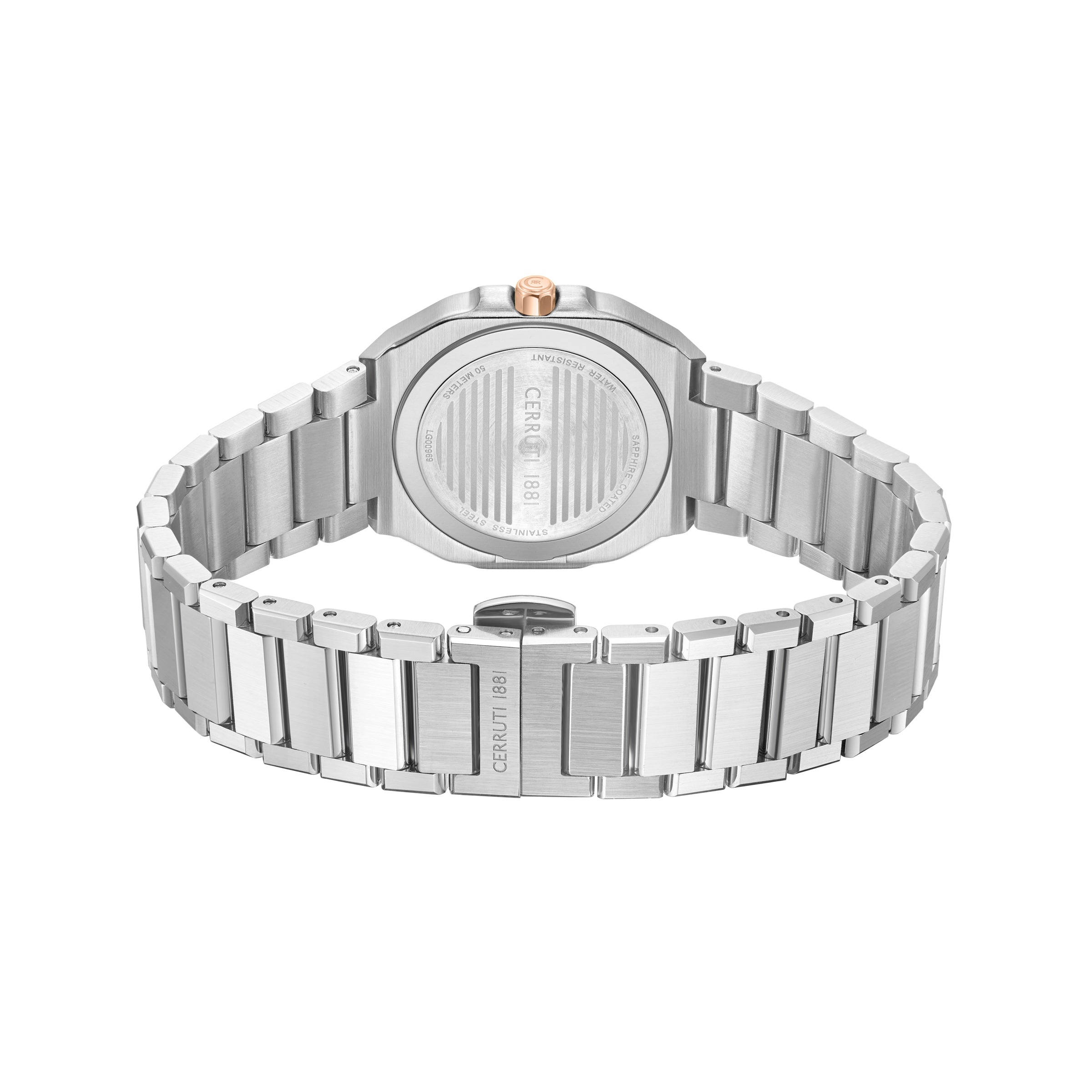 Silver-toned octagonal watch with a rose gold-toned crown, metal link bracelet, and "CERRUTI 1881" on clasp, back view.