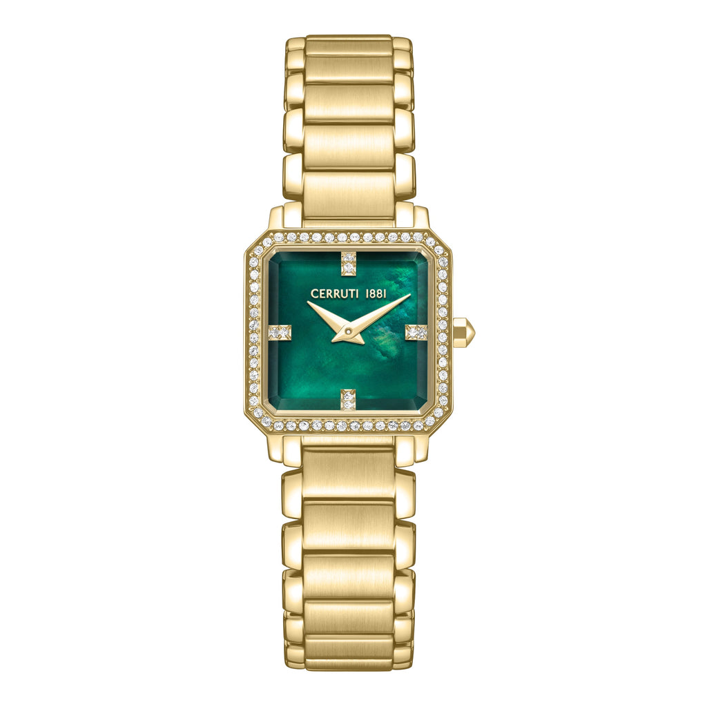 Cerruti women's watch with a gold-toned rectangular case, green mother of pearl dial, crystal-set bezel, and a gold-toned lin