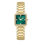Cerruti women's watch with a gold-toned rectangular case, green mother of pearl dial, crystal-set bezel, and a gold-toned lin