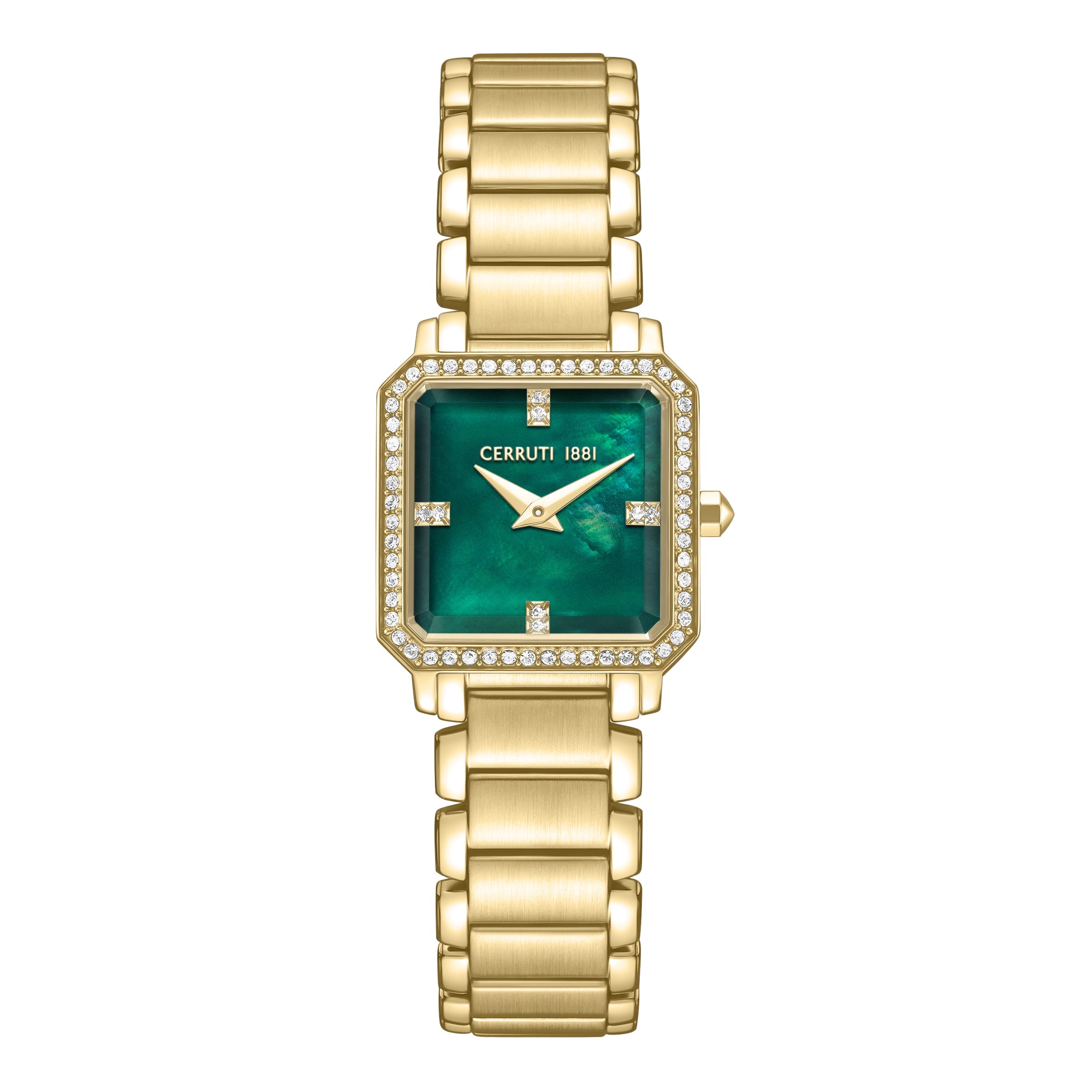 Cerruti women's watch with a gold-toned rectangular case, green mother of pearl dial, crystal-set bezel, and a gold-toned lin