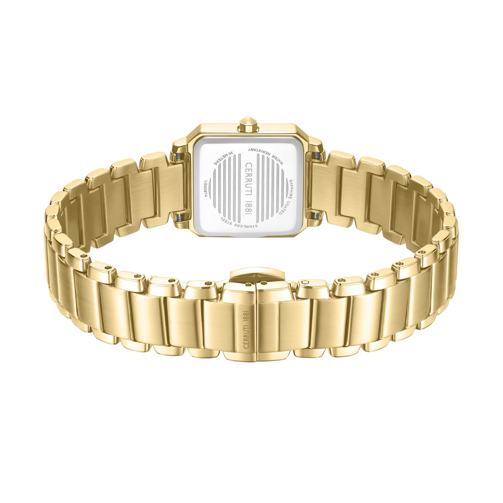 Gold-toned square watch with a brushed metal link bracelet, seen from the back. The stainless steel case back has engraved te