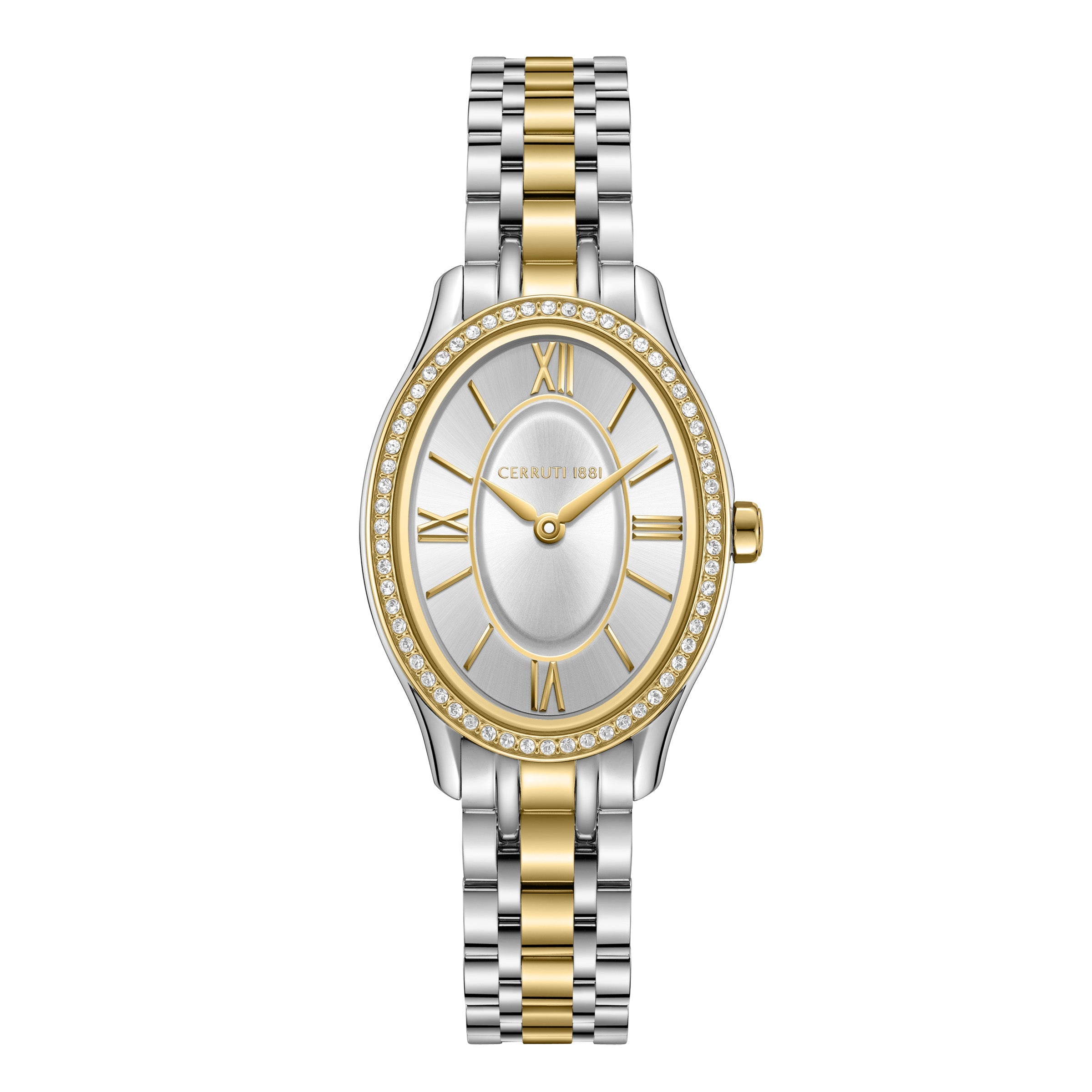 Cerruti women's watch with an oval silver-toned dial, gold-toned bezel with crystals, and a two-tone silver and gold bracelet