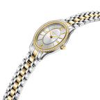Oval silver-toned watch with a gold-toned crystal-studded bezel, white dial, gold-toned Roman numerals, and a two-toned silve