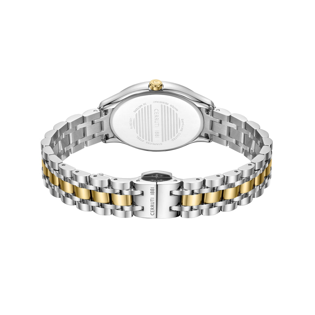 Back view of a silver-toned watch with a gold-toned crown and a two-tone silver and gold-toned link bracelet with engraved cl
