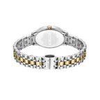 Back view of a silver-toned watch with a gold-toned crown and a two-tone silver and gold-toned link bracelet with engraved cl