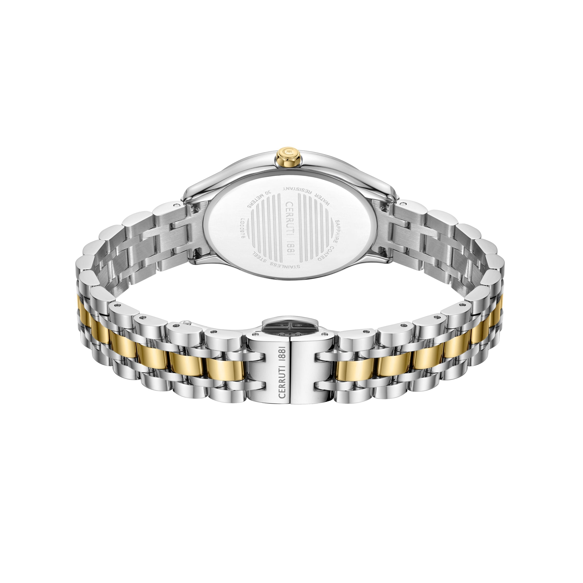 Back view of a silver-toned watch with a gold-toned crown and a two-tone silver and gold-toned link bracelet with engraved cl
