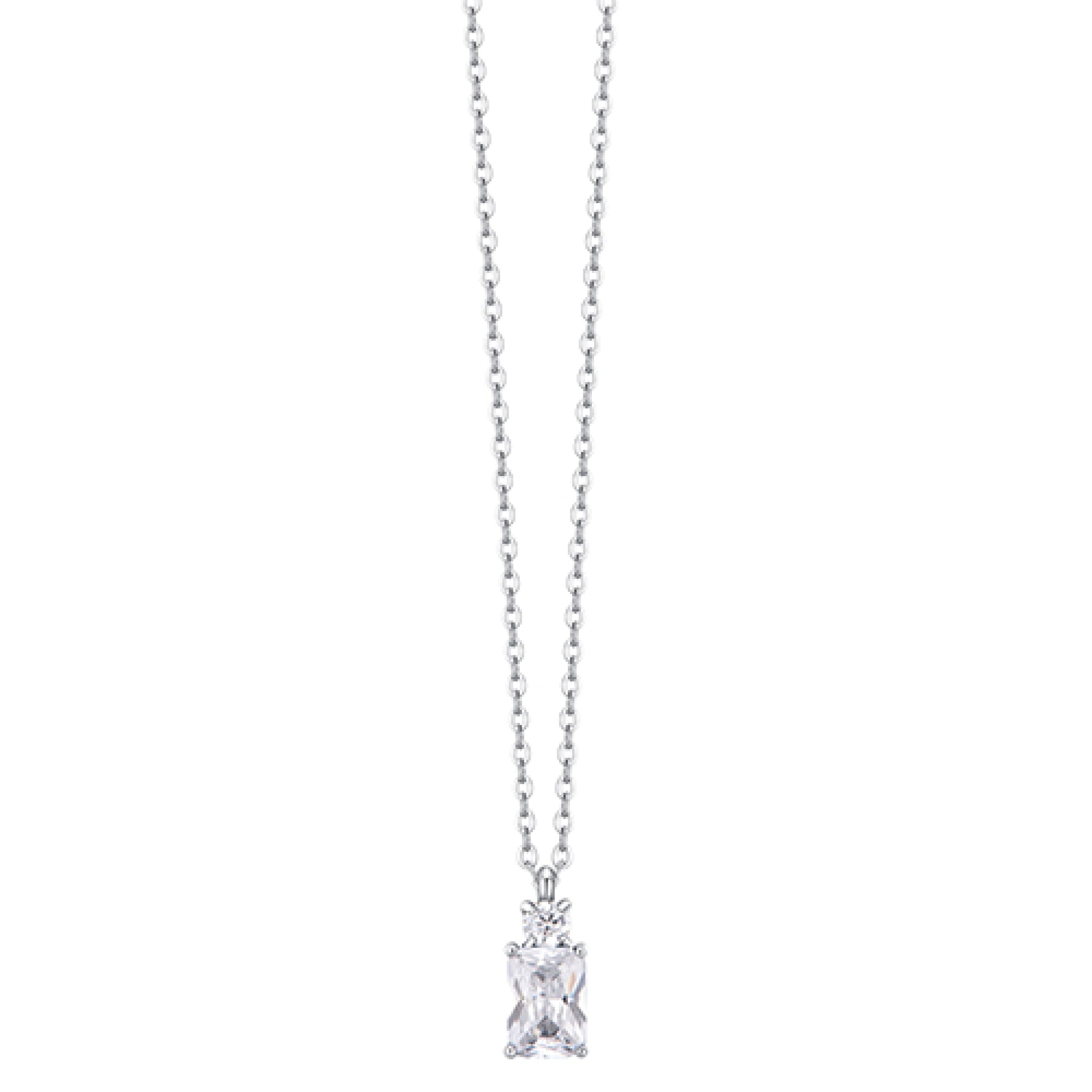 Silver-toned steel necklace with a rectangular white zircon pendant and two smaller round white zircons.
