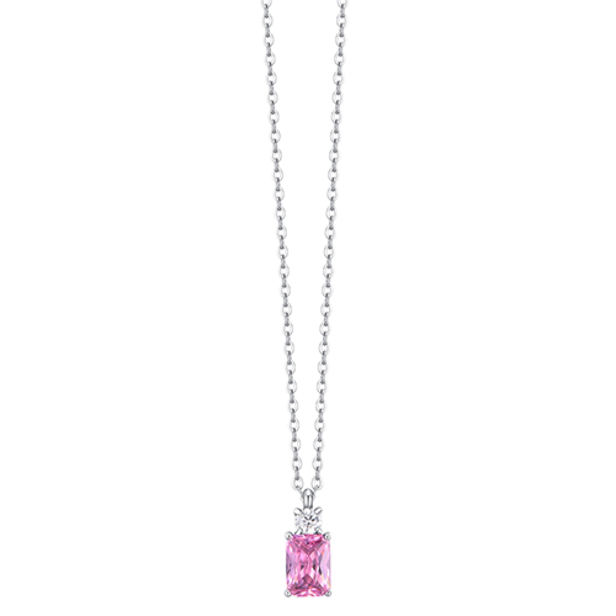 Silver-toned steel necklace with a rectangular pink zircon pendant below a smaller round white zircon.