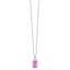 Silver-toned steel necklace with a rectangular pink zircon pendant below a smaller round white zircon.
