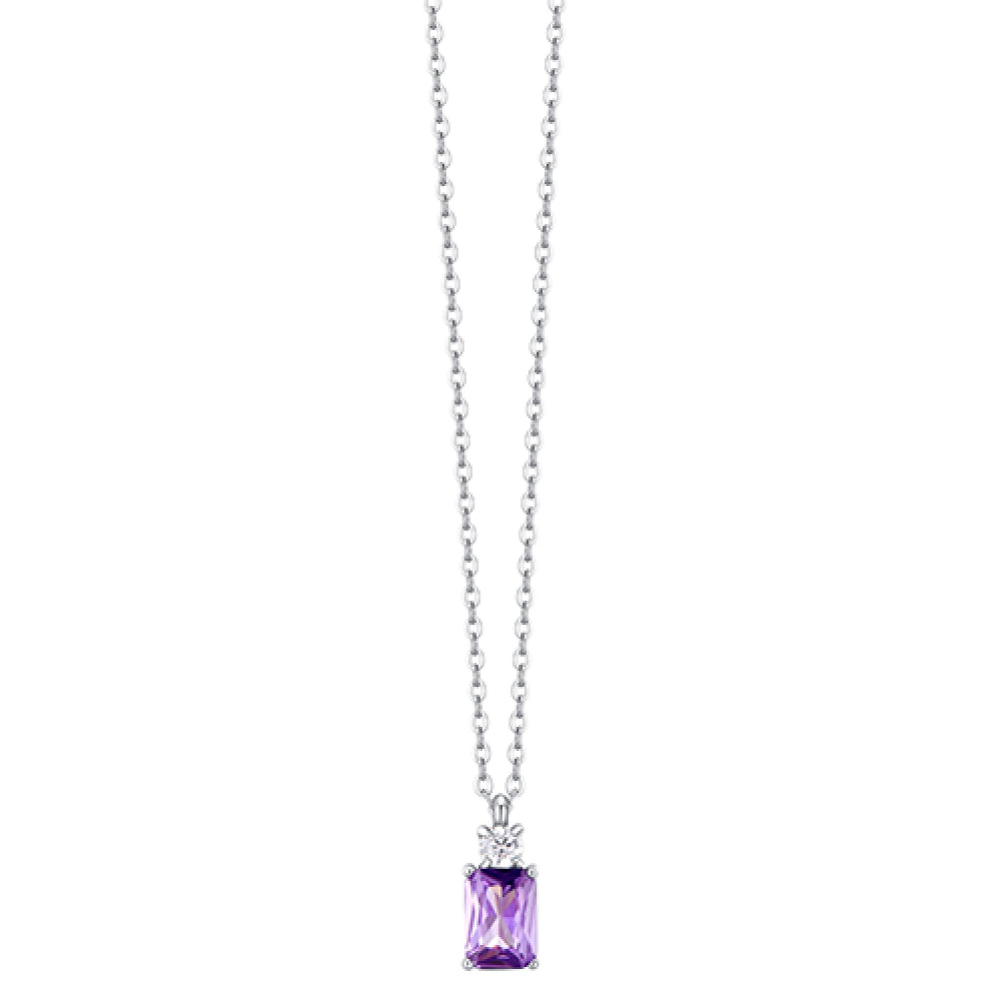 Silver-toned steel necklace with a rectangular purple zircon pendant and a small white zircon accent stone
