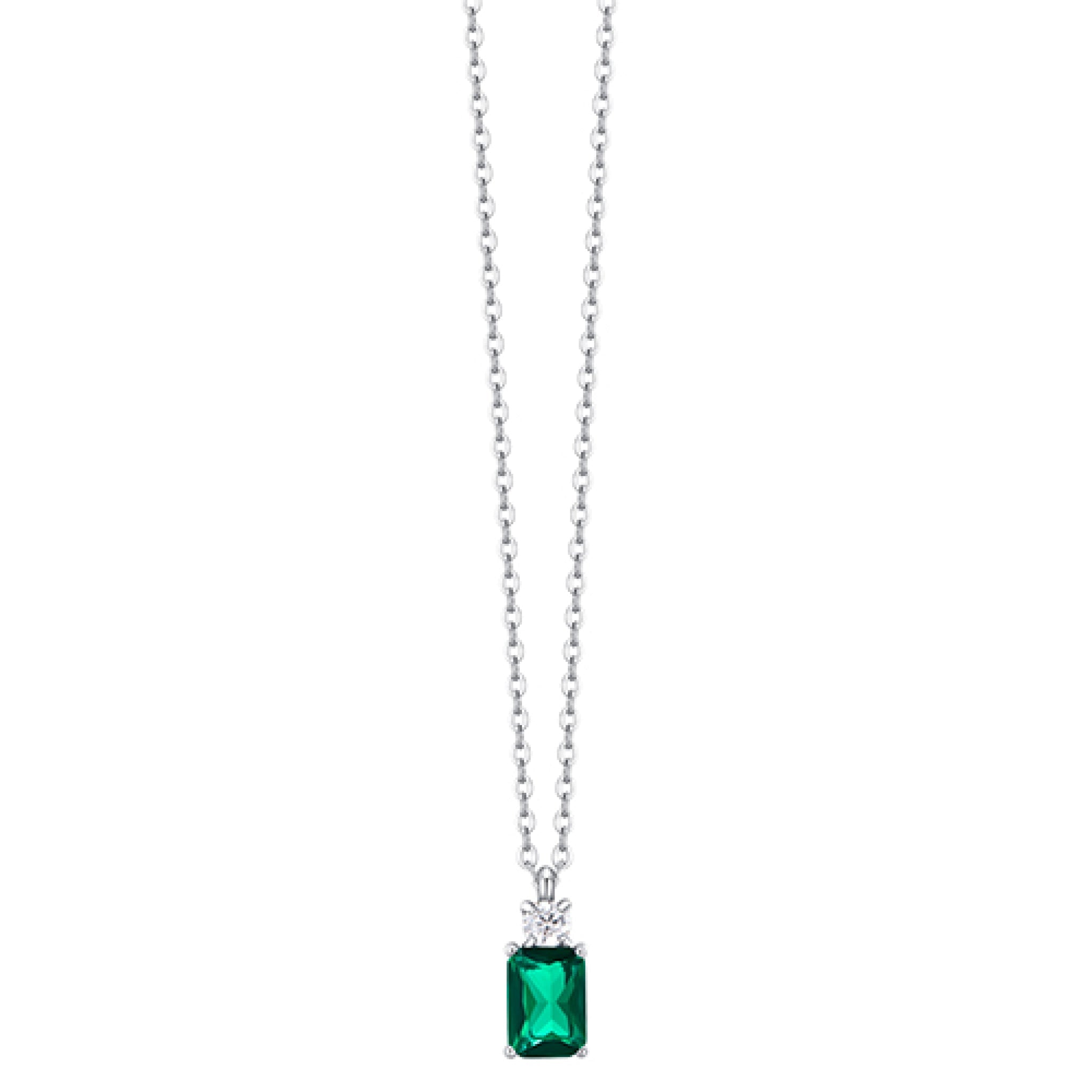 Silver-toned steel necklace with a rectangular green zircon pendant and a small round white zircon accent.