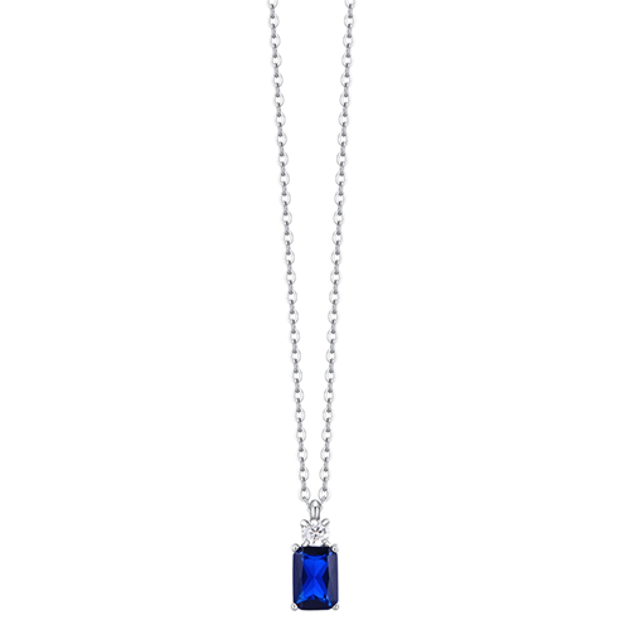 Silver-toned steel necklace with a deep blue rectangular zircon pendant and a small white round zircon accent stone.