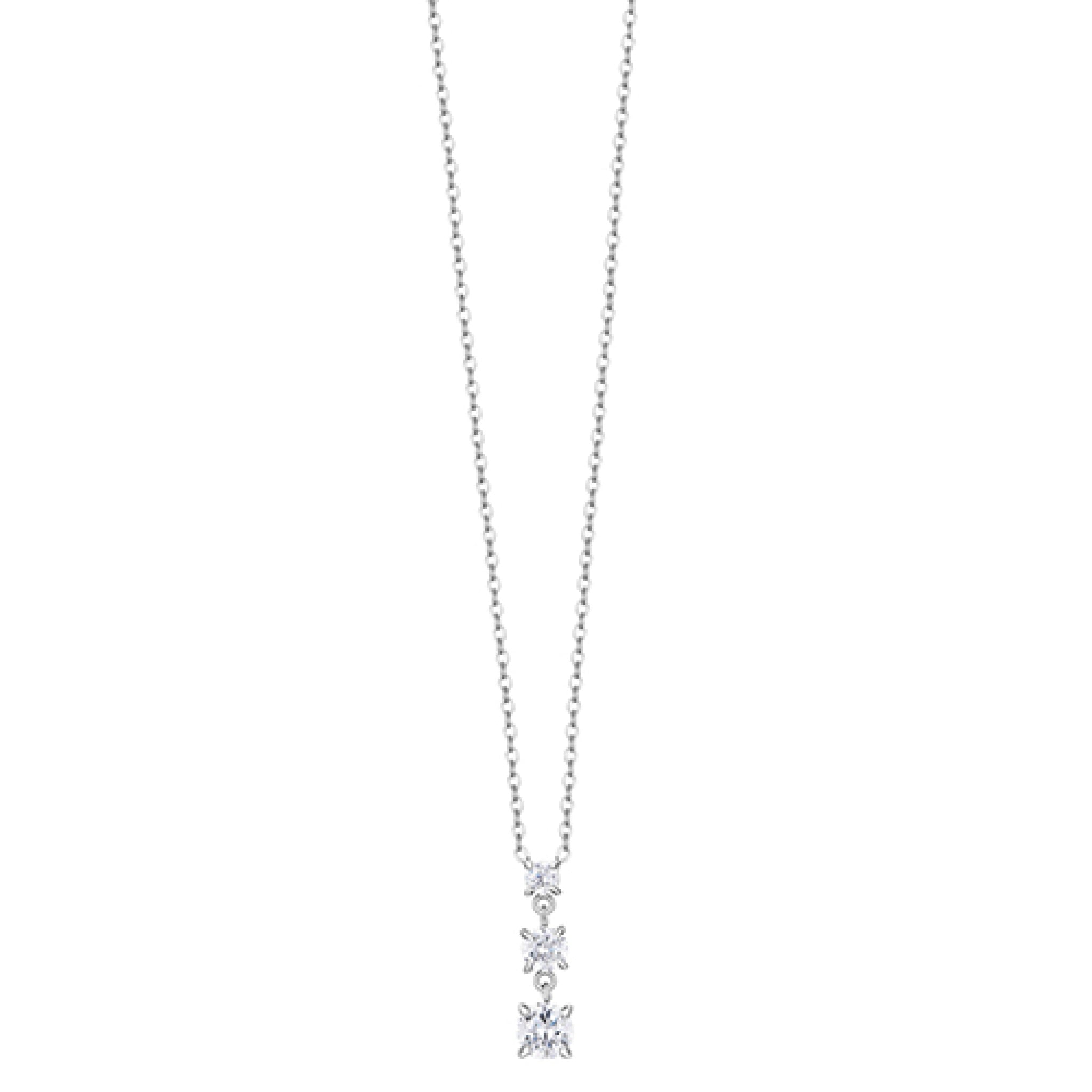 Silver-toned steel necklace with a delicate chain and three vertically suspended clear zircons: one round, two square.
