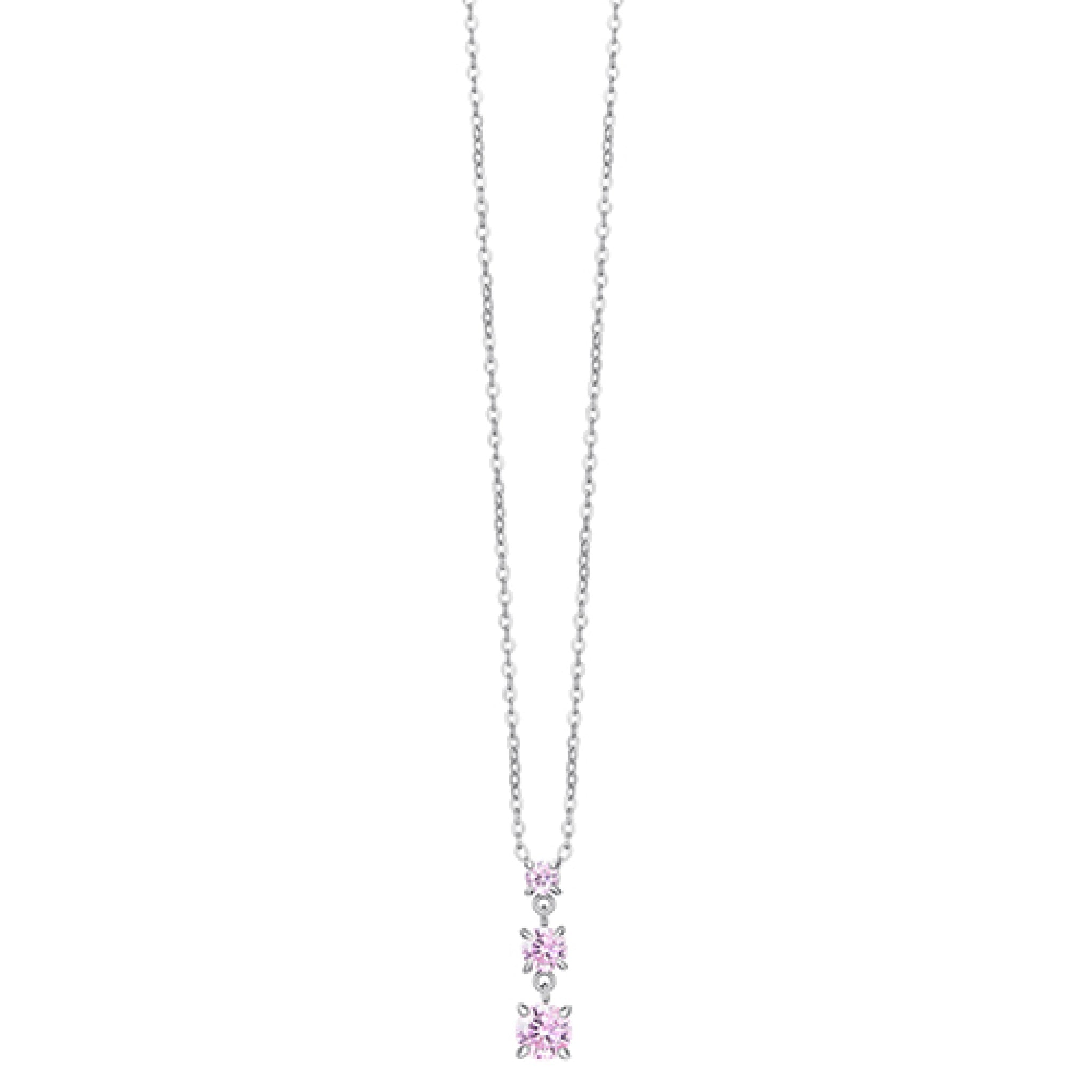 Silver-toned steel necklace with a delicate chain and a drop pendant featuring three graduated pink zircons, one round and tw