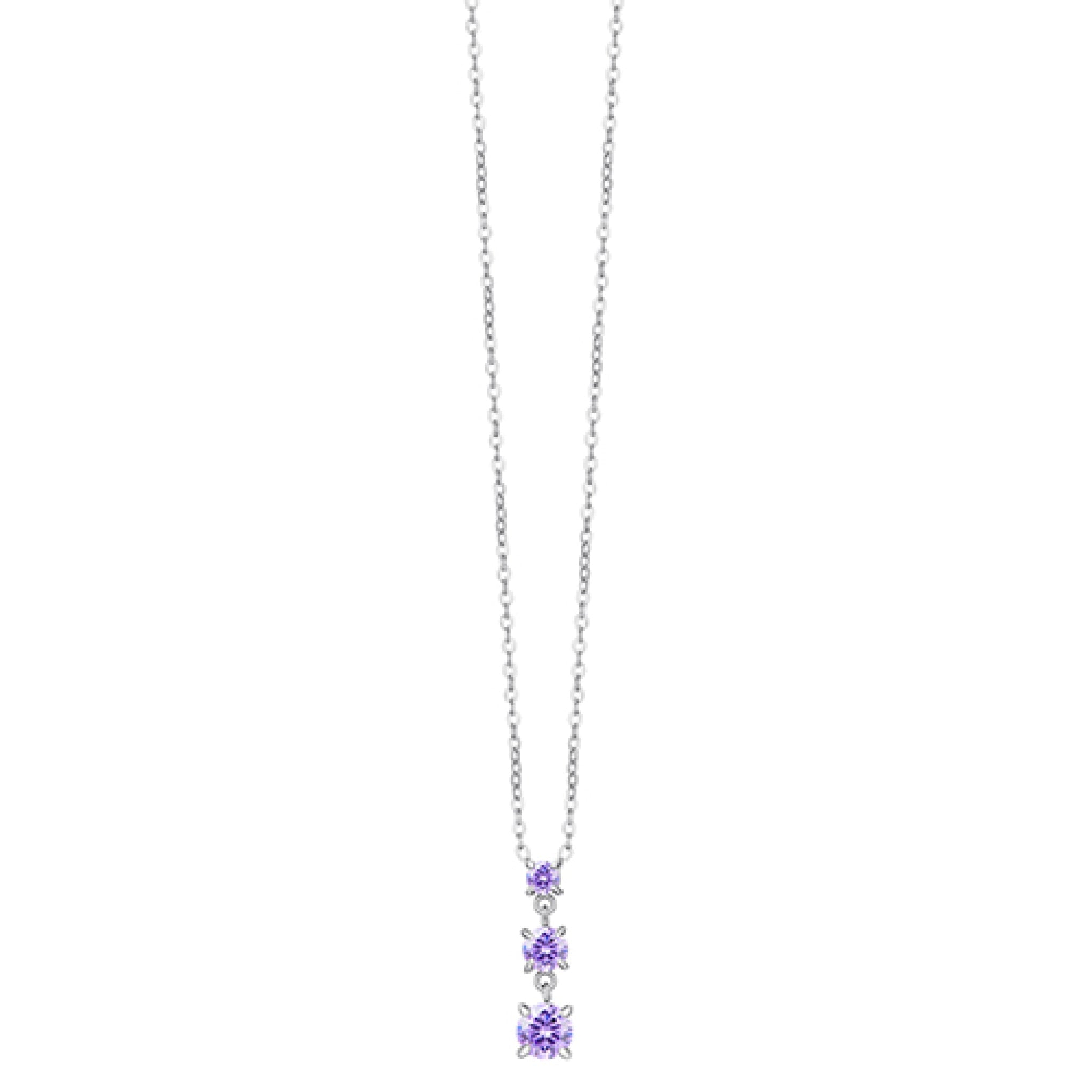 Silver-toned steel necklace with three graduated round purple zircons set in a vertical drop pendant.
