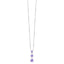 Silver-toned steel necklace with three graduated round purple zircons set in a vertical drop pendant.