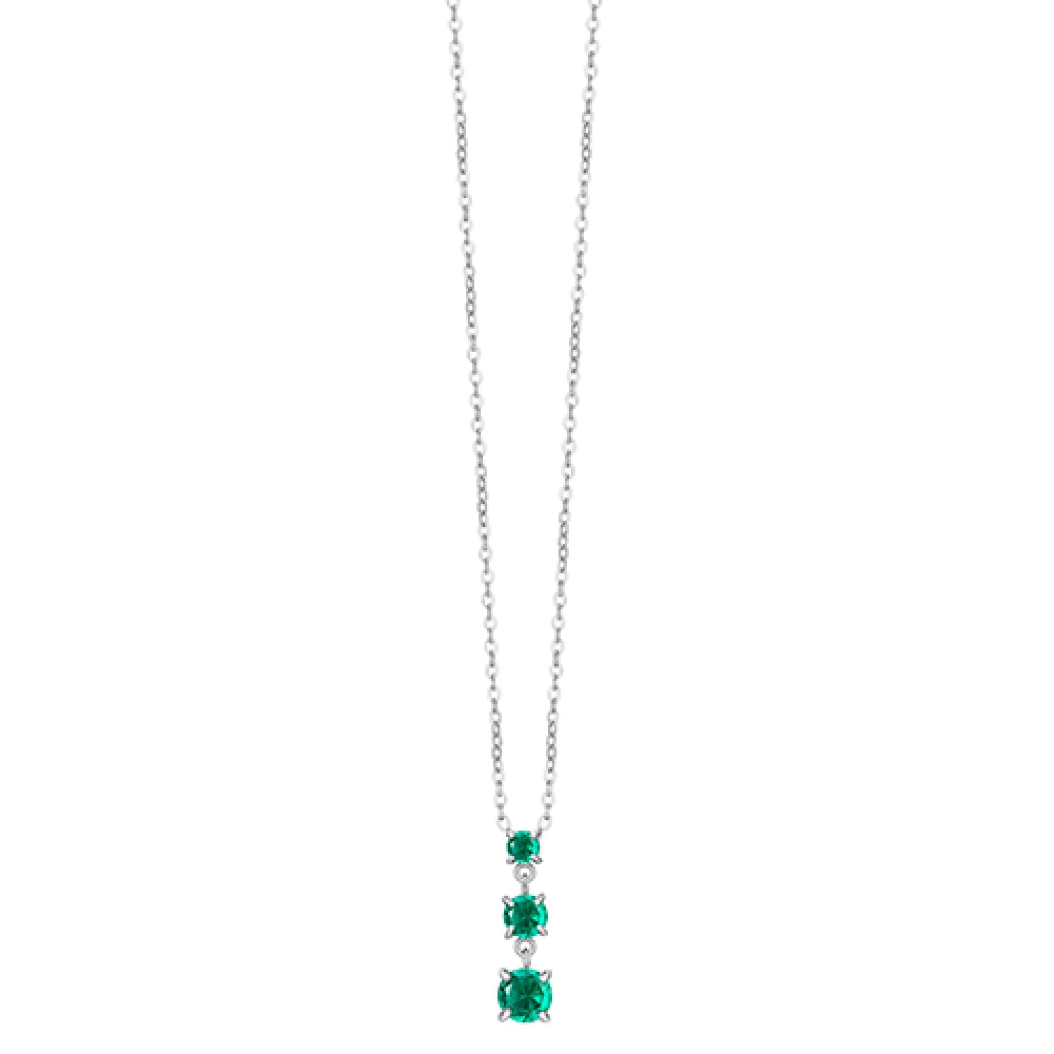 Silver-toned steel necklace with three graduated square-cut green zircons in prong settings, arranged vertically.