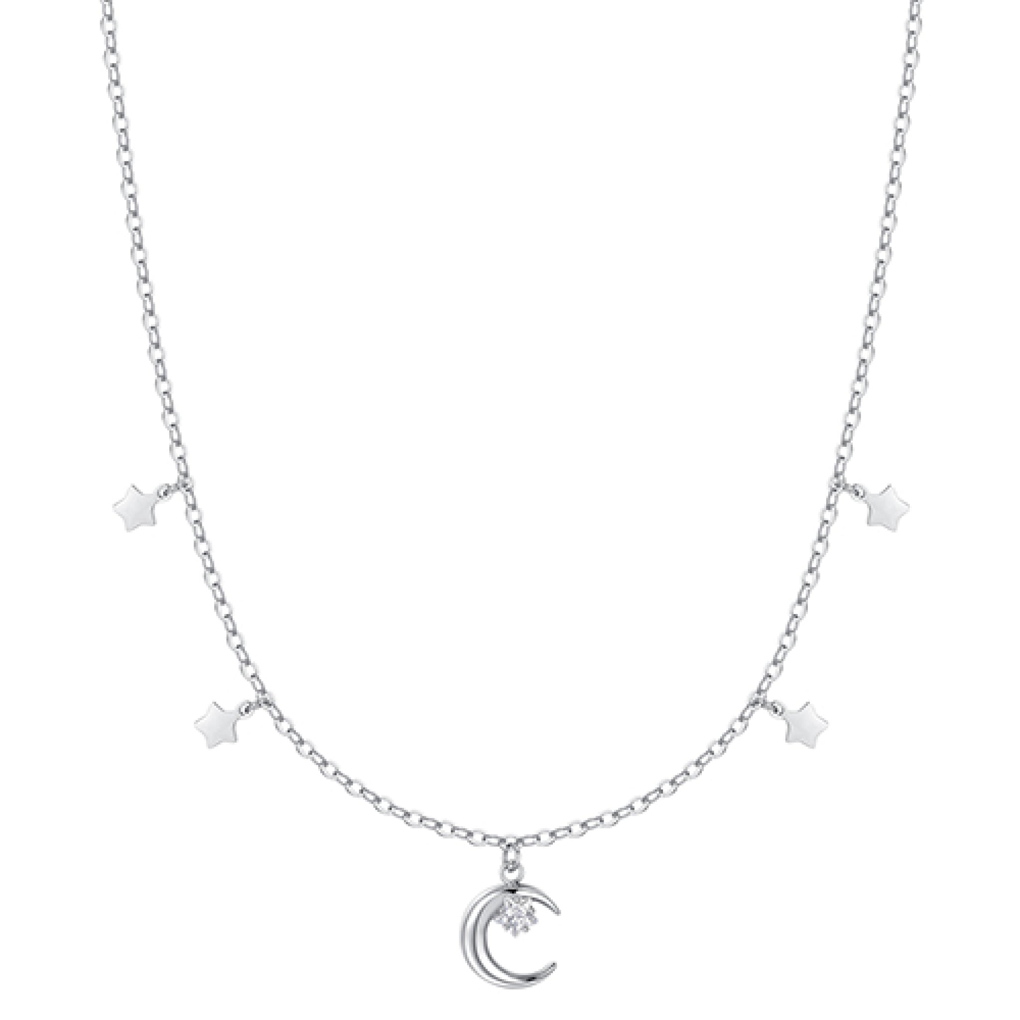 Silver-toned steel necklace with a central moon charm featuring a white zircon, and multiple small star charms.