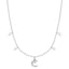 Silver-toned steel necklace with a central moon charm featuring a white zircon, and multiple small star charms.