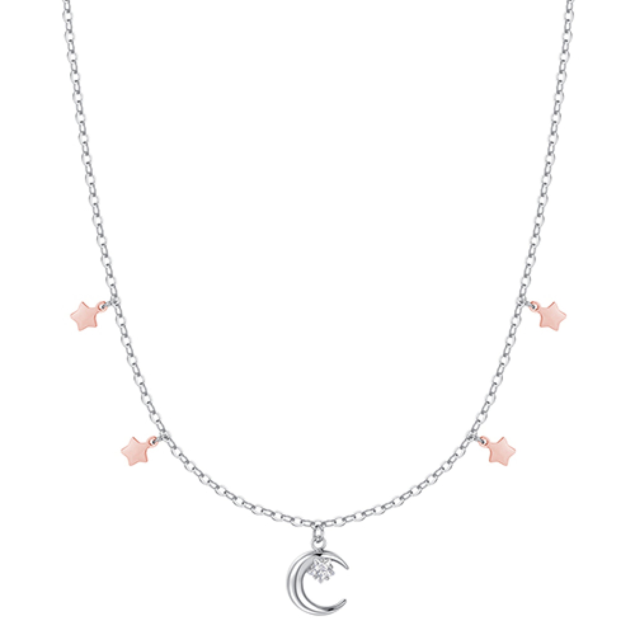 Silver-toned steel necklace with rose gold-toned star charms and a moon pendant featuring a white zircon.