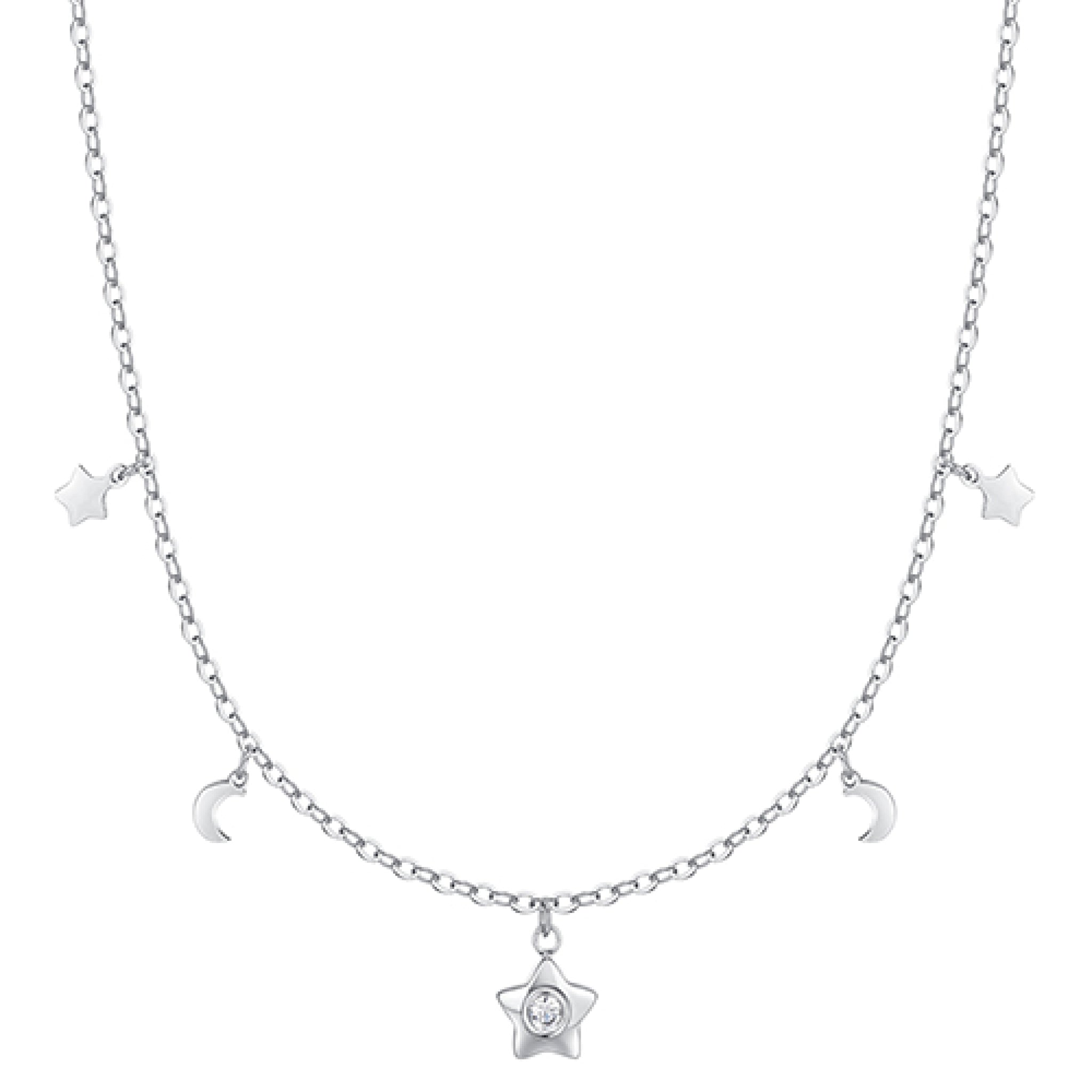 Silver-toned steel necklace with a delicate chain, featuring small star and crescent moon charms, and a central star charm wi