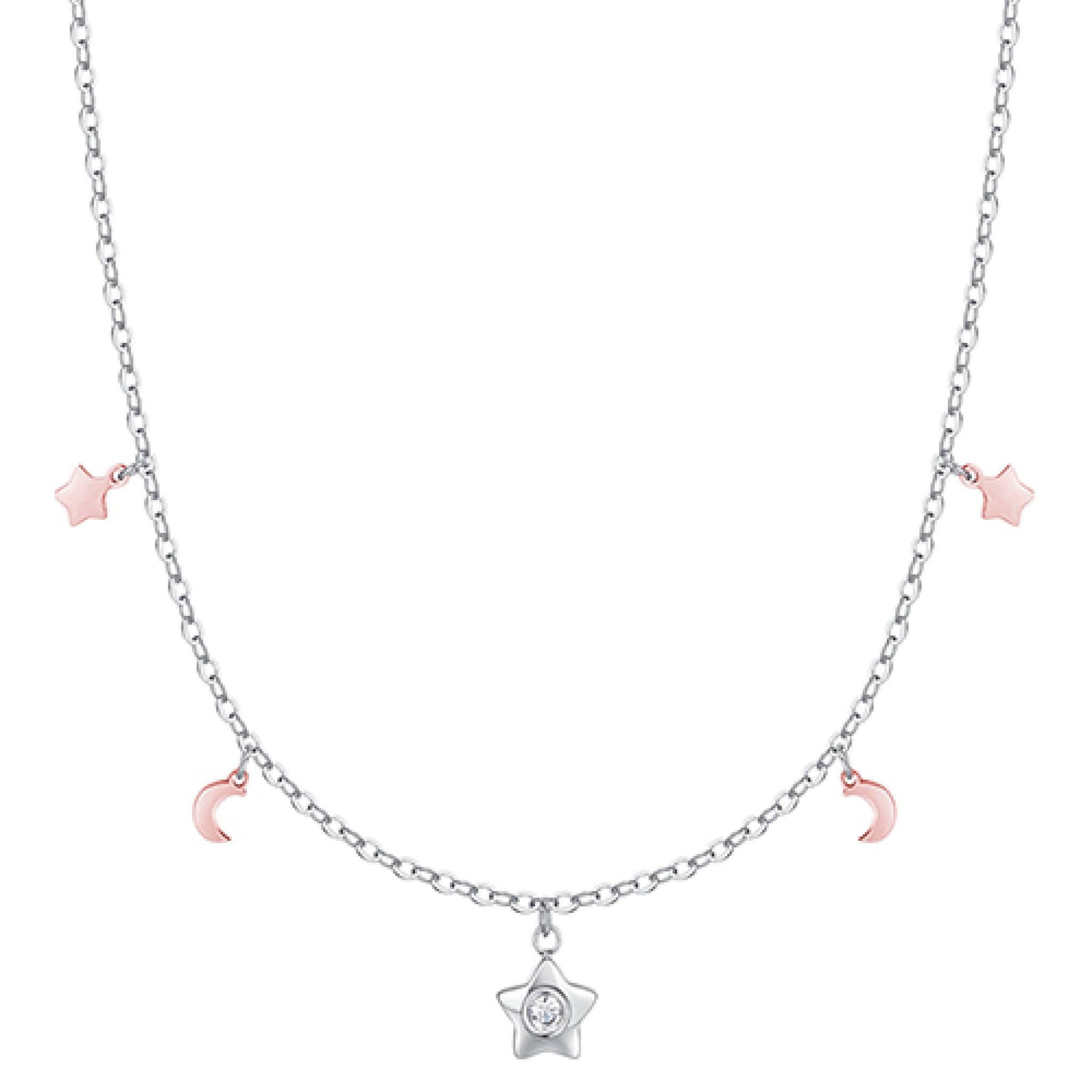 Silver-toned steel necklace with rose-toned moon and star charms, and a central silver-toned star charm with a white zircon.