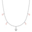 Silver-toned steel necklace with rose-toned moon and star charms, and a central silver-toned star charm with a white zircon.