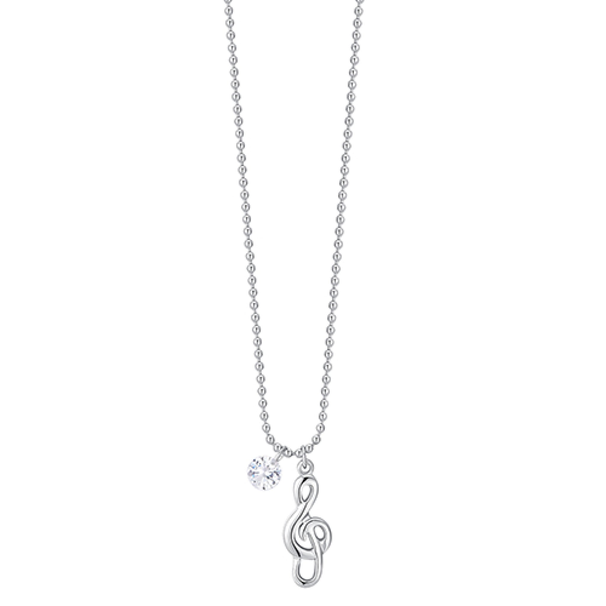 Silver-toned steel ball chain necklace with a polished silver-toned treble clef charm and a round white zircon.