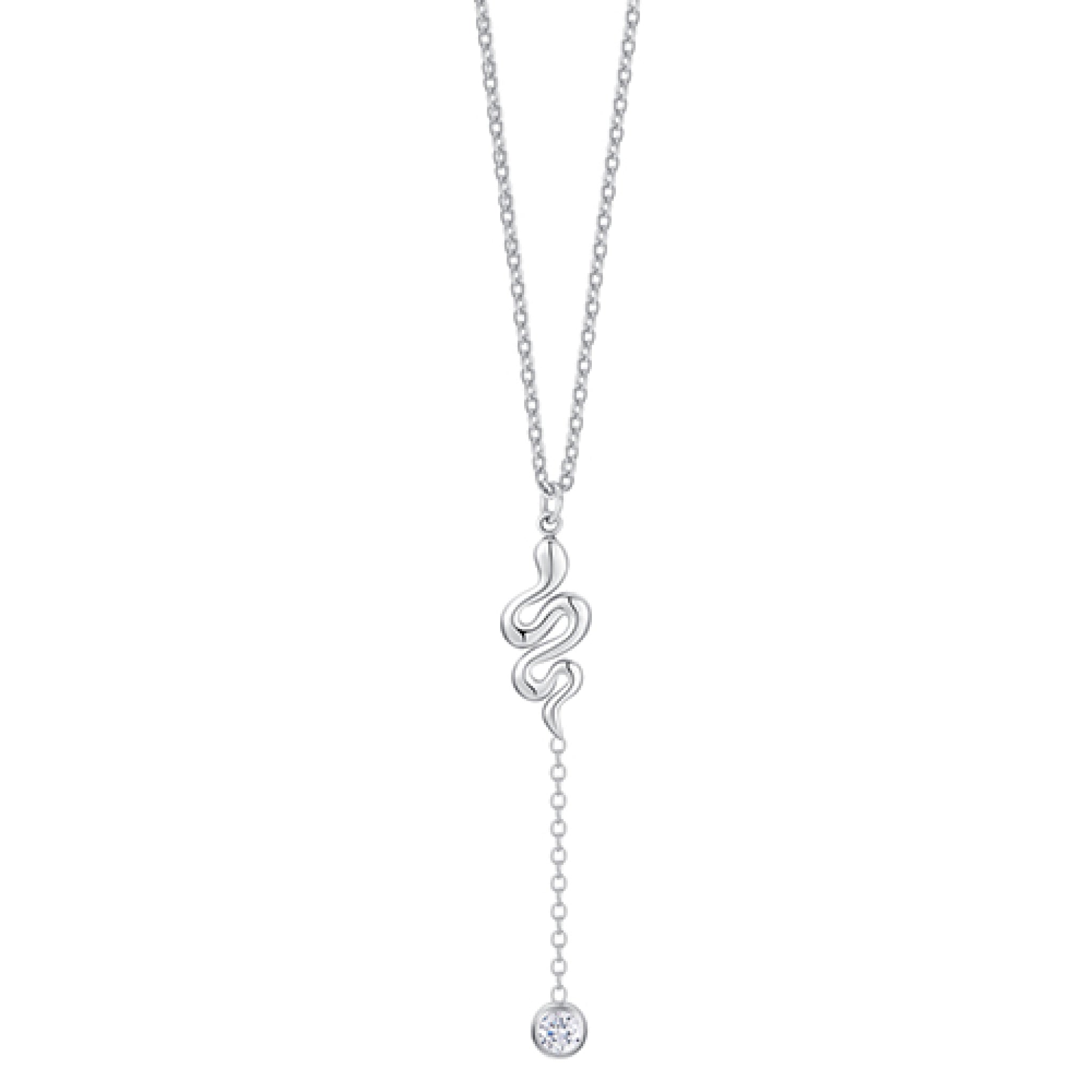 Silver-toned steel necklace with a stylised snake pendant and a clear white crystal drop.