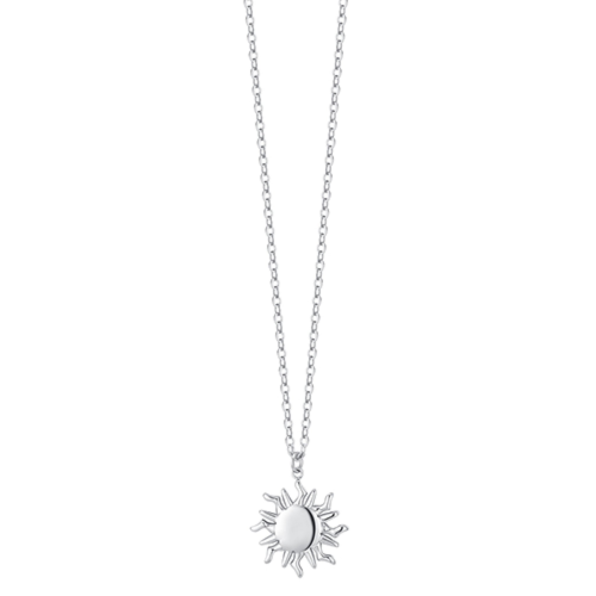 Silver-toned steel necklace with a polished sun-shaped pendant featuring a central disc and radiating rays.