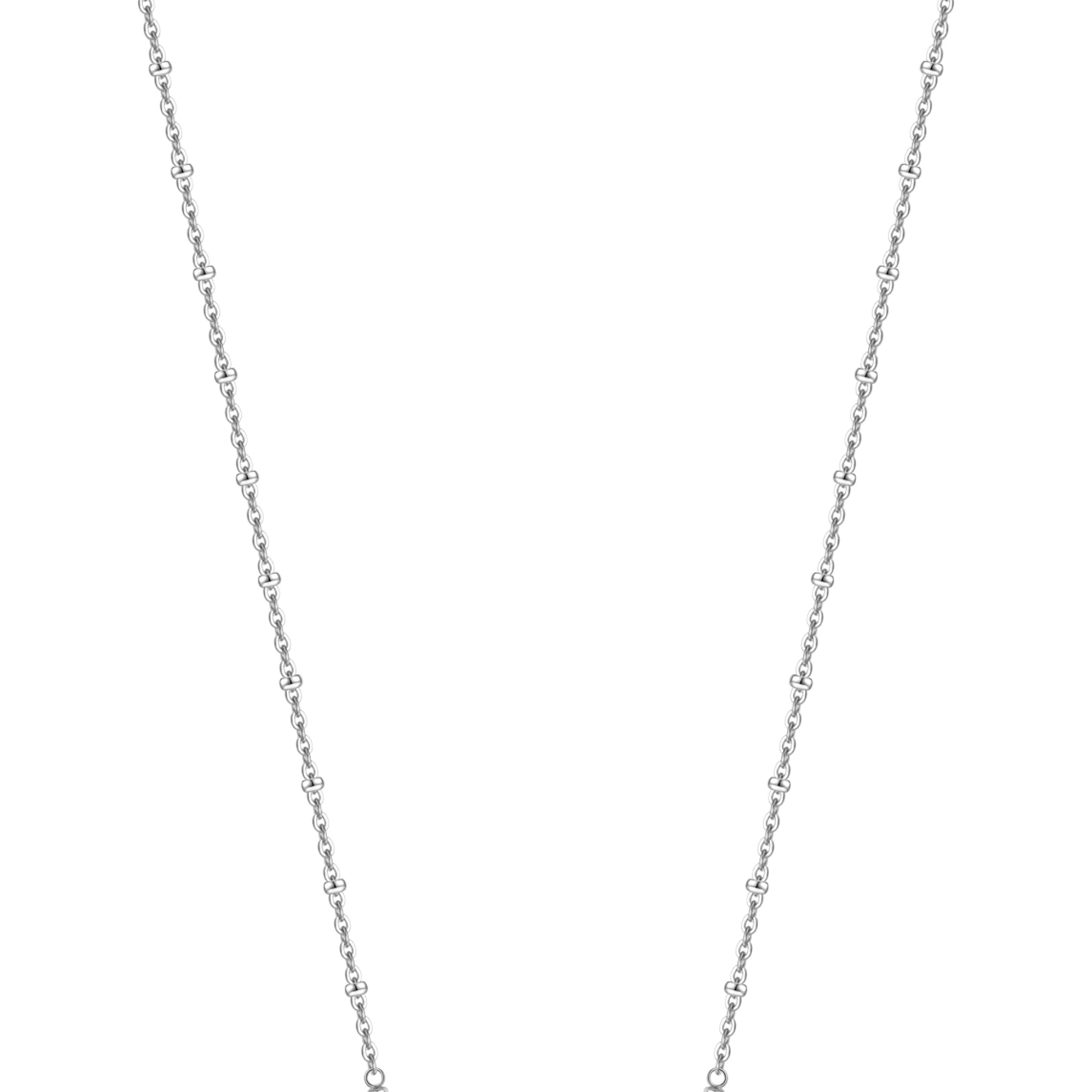Silver-toned steel necklace chain with small, uniform links. Features a 'Tree of Life' pendant with white zircons.