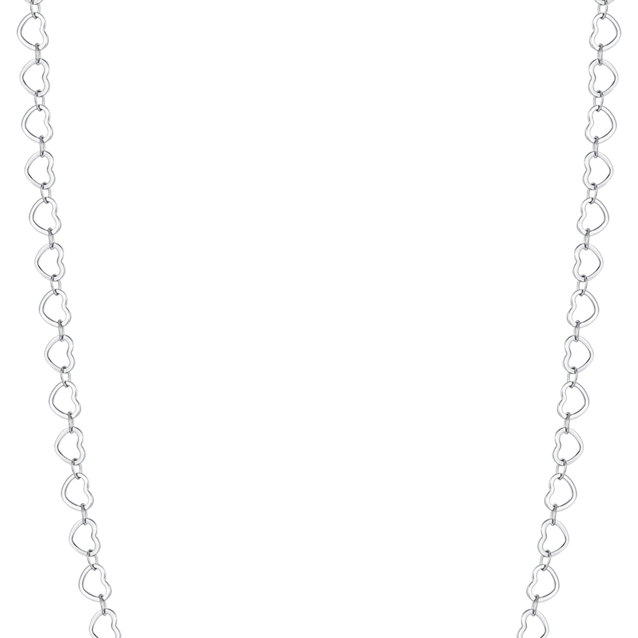 Silver-toned steel necklace composed of numerous interconnected open heart-shaped links.