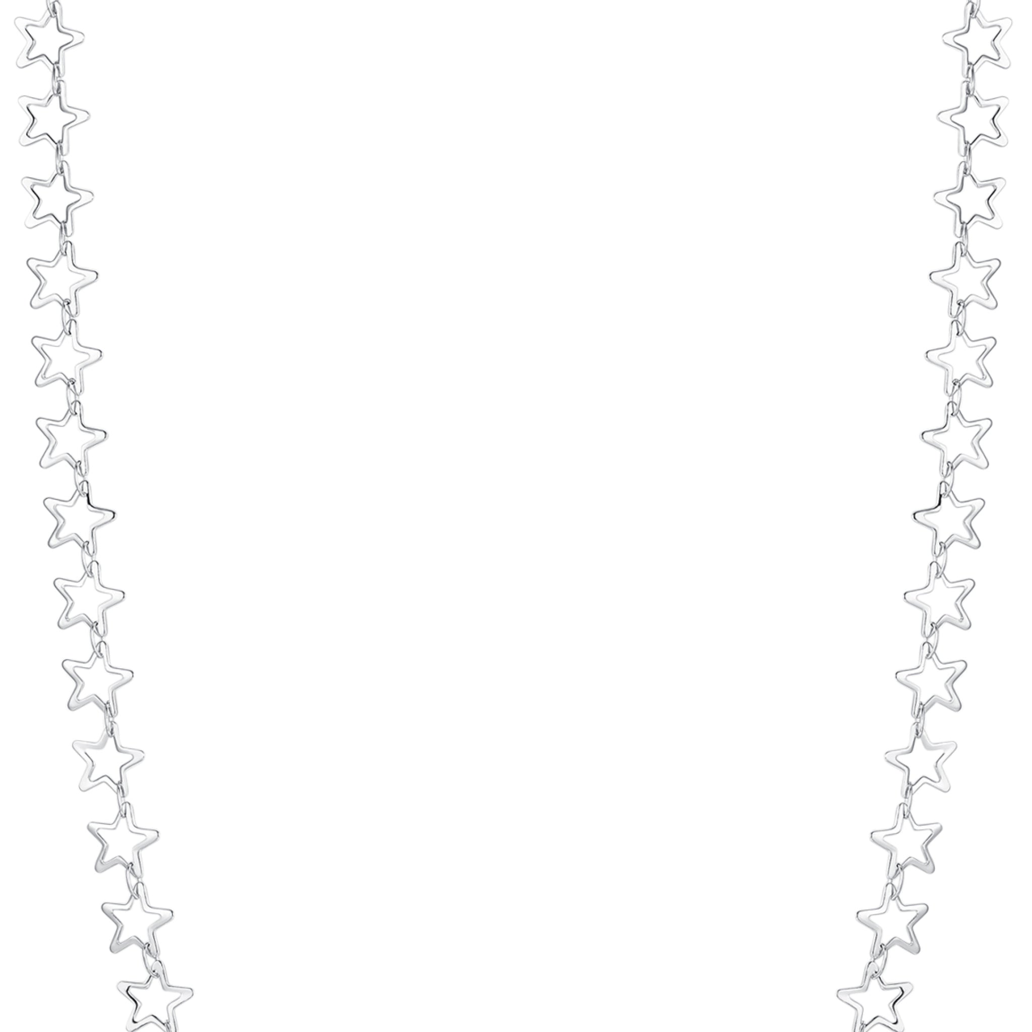 Silver-toned steel necklace featuring a continuous chain of interconnected open star-shaped links.